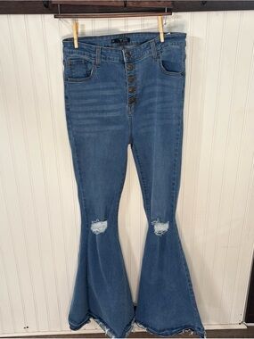 Lucky & Blessed Distressed High-Rise Button-Fly Flare Jeans - Blue